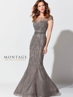 NWT Ivonne D Cap Sleeve Beaded Mother of the Bride/Groom Gown Charcoal Elegance